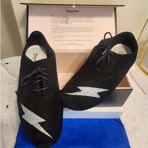 Repetto Paris Black Suede "Glitter Lightening Bolt" Lace Up Flats Sz.10/41 $475